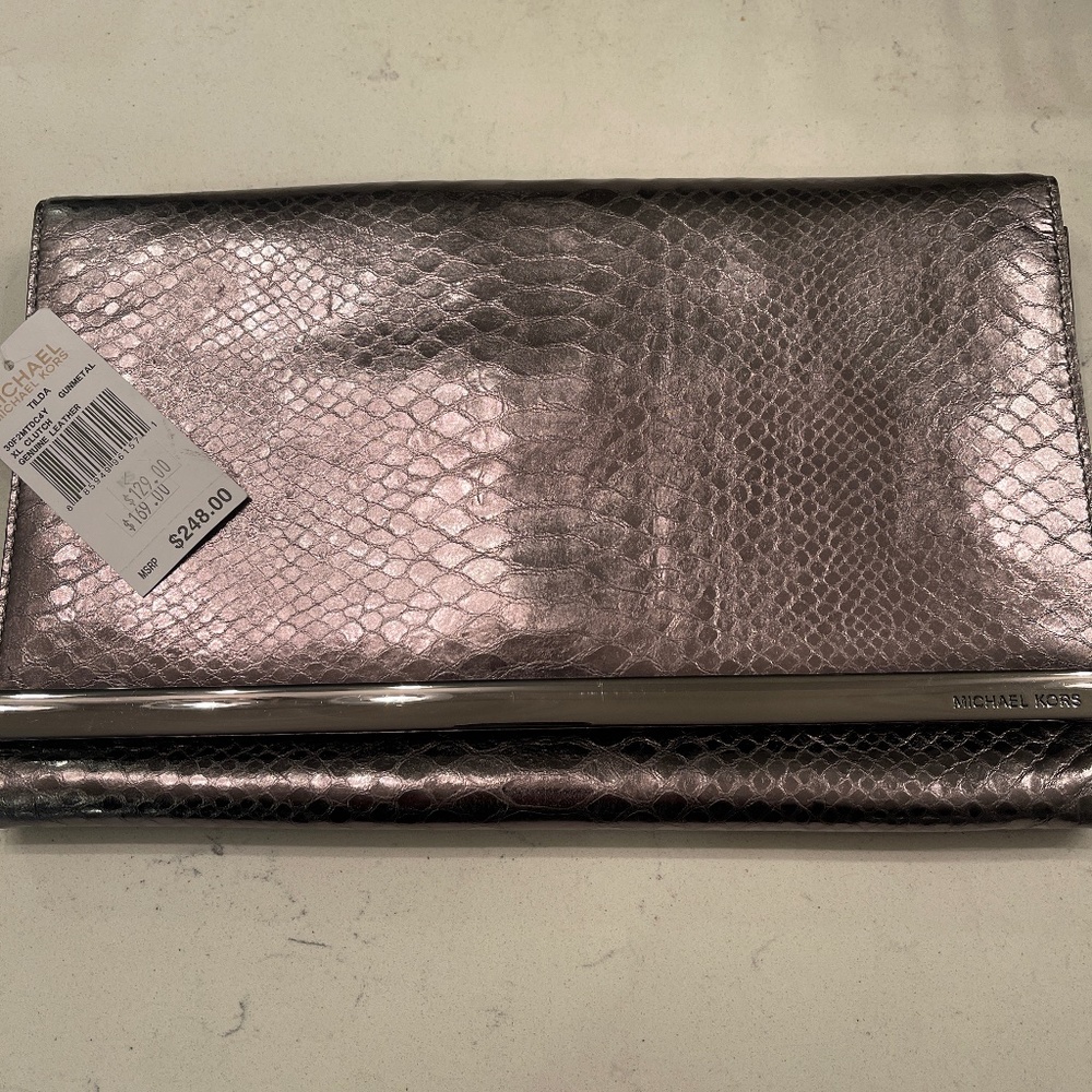 Silver Gunmetal Michael Kors Tilda XL Clutch - Genuine Leather - Brand New
